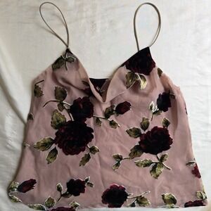 Pink‎ Floral Velvet Rose Tank Y2K Size 6 Bloomcore Romantic Burnout Cowl Fairy